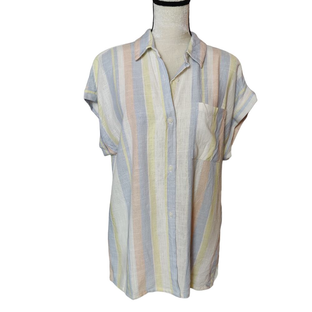 Harper Heritage Women's Sz L Pastel Striped Linen Blend Button Front Shirt